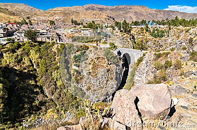 The Inca Bridge across the Colca River at Chivay, Peru Stock Photo