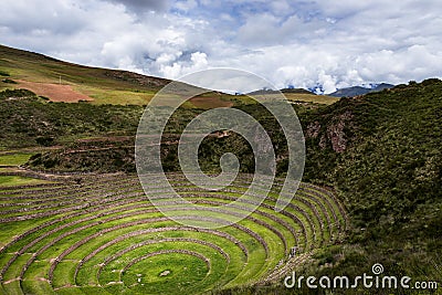 Inca circular terraces in Moray, in the Sacred Valley, Peru. Stock Photo