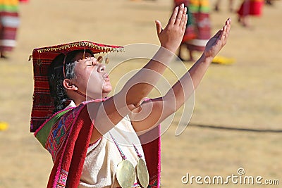 Inca worshiping the sun at the Inti Raymi celebration in Cusco, Peru Editorial Stock Photo