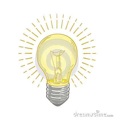 Incandescent lightbulb glowing with bright yellow light hand drawn on white background. Drawing of electric lamp. Symbol Vector Illustration