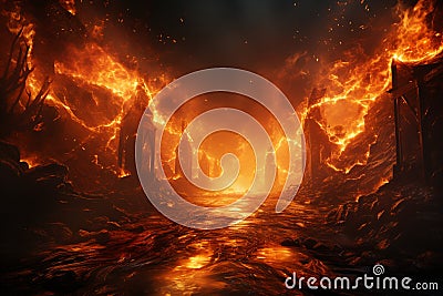 Incendiary route, Flames and fiery road on black Stock Photo