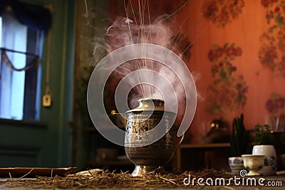 incense burning next to a brewing jebena Stock Photo