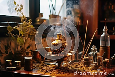 incense burning next to a brewing jebena Stock Photo