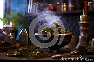 incense burning next to a brewing jebena Stock Photo