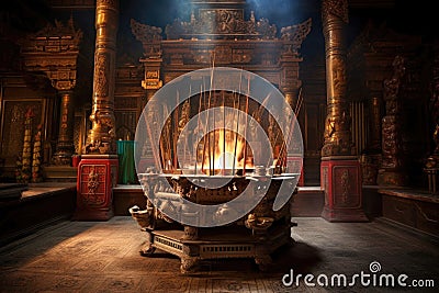 incense burning in ornate temple altar Stock Photo