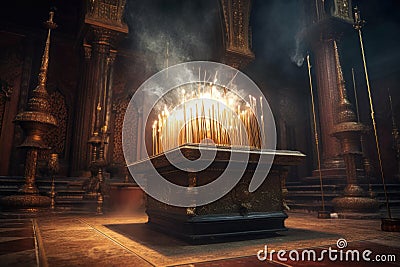 incense burning in ornate temple altar Stock Photo