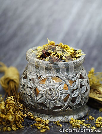 Incense with herbs and tree resins Stock Photo