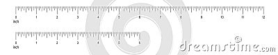 6 and 12 inch or 1 foot ruler scale with numbers. Horizontal measuring chart with markup. Distance, height or length Vector Illustration