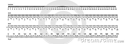 Inch and metric rulers. Centimeters, inches and foot, yard and millimeter unit measuring scale. Precision imperial Vector Illustration