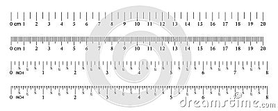 Inch and metric rulers. Measuring tool. Ruler Graduation grid. Size indicator units. Centimeters and inches measuring scale. Vector Illustration