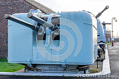 5 inch Royal Navy warship gun on a mount at the Explosion naval firepower museum, Gosport UK Editorial Stock Photo