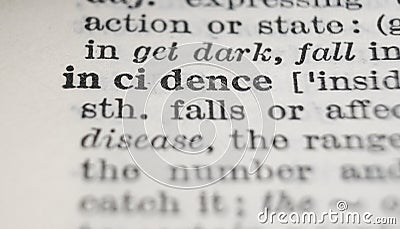 Incidence dictionary definition close-up. Shallow depth of field. Stock Photo