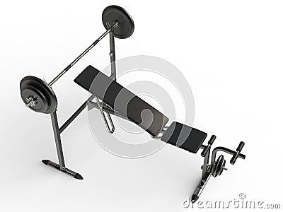 Incline bench with barbell weight - top perspective view Stock Photo
