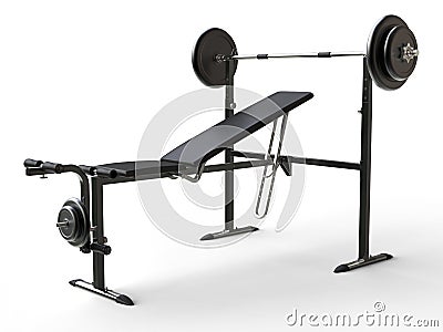 Incline gym bench with barbell weight and additional weight plates Stock Photo