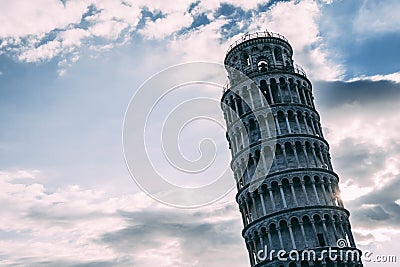 INCLINE Pisa tower from many different perspectives, duomo, blue sky with clouds, sun flare, wide angle photo, bottom and side vie Stock Photo
