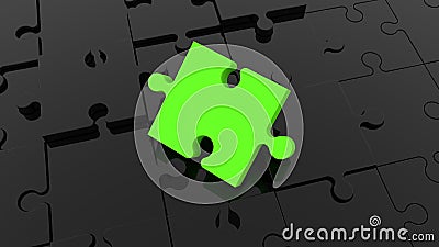 Inclined green puzzle piece on black jigsaw puzzle. Cartoon Illustration