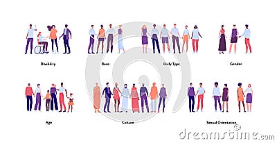 Inclusion and diverity concept. Vector flat people illustration. Multicultural, multiracial happy male and female character set. Vector Illustration