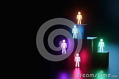 Inclusion, a working group of five multi-colored icons of a human worker on a dark background. team building, cultural diversity, Cartoon Illustration