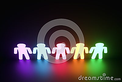 Inclusion, a working group of five multi-colored icons of a human worker on a dark background. team building, cultural diversity, Cartoon Illustration