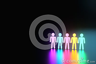 Inclusion, a working group of five multi-colored icons of a human worker on a dark background. team building, cultural diversity, Cartoon Illustration