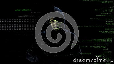 Incognito man looking at codes and numbers on screen, hacker attack, cyber crime Stock Photo