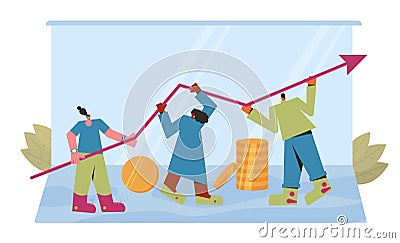 Income concept. Young man and women with money. Three teenagers characters holding arrow. Profit money or budget. Vector Vector Illustration