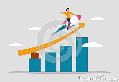 Income growth in business and a man flies on a rocket above the chart up. Rapid sales growth and company development progress. The Vector Illustration