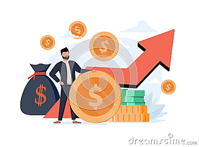Income growth and profit earnings as financial progress tiny person concept. Symbolic upward arrow as salary, deposit. Cartoon Illustration