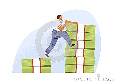 Income growth and salary increase concept. Employee reaching financial desire and wealth by working hard. Man achieving Vector Illustration