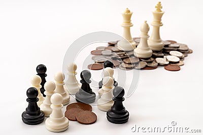 Income inequality and social issue concept theme with large group of chess pawns representing the poor and the middle class Stock Photo