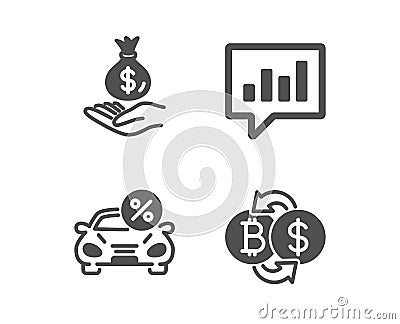 Income money, Car leasing and Analytical chat icons. Bitcoin exchange sign. Vector Vector Illustration