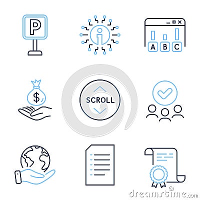 Income money, Scroll down and Parking icons set. Info, Survey results and Document signs. Vector Vector Illustration
