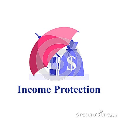 Income protection, financial coverage, savings for rainy day, money bag under umbrella, finance safety Vector Illustration