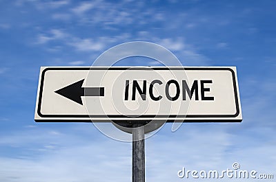 Income road sign, arrow on blue sky background. One way blank road sign with copy space Stock Photo