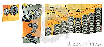 Incomes from the metallurgical industry. The saw cuts metal pipes onto coins of dollar. Stock Photo