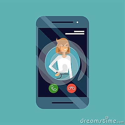 Incoming call concept vector illustration with mobile phone with femal caller ID on screen and accept or decline buttons Vector Illustration