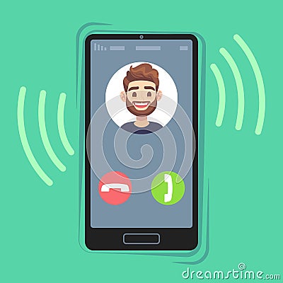 Incoming call on mobile phone. Friend photo on ringing phones screen. Calling display with contact info and buttons Vector Illustration