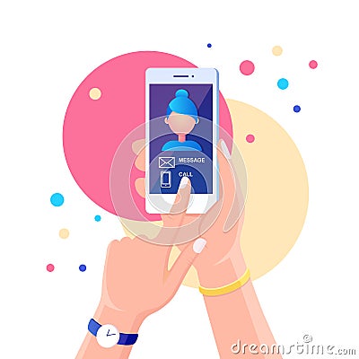 Incoming call. Person hold white mobile phone with calling service. Smartphone with message, call notification on screen. Female Vector Illustration