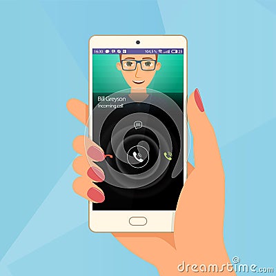 Incoming call via mobile application on smartphone. Hand hold a Vector Illustration