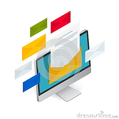 Incoming email isometric vector concept. Receiving messages. Laptop with envelope and document on a screen. Email, email Vector Illustration