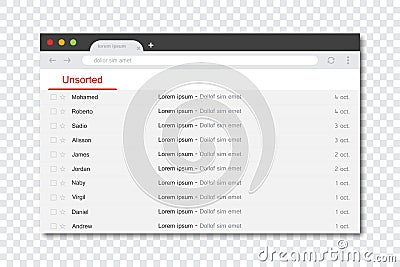 Incoming messages browser window frame template with shadow on a transparent background Vector Illustration