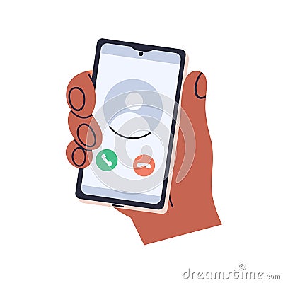 Incoming phone call on mobile screen. Hand holds smartphone with accept, receive, answer and decline, hang up button Vector Illustration