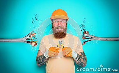 Incompetent worker electrician is unsure about his work. cyan background Stock Photo