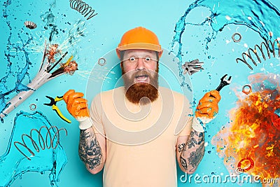 Incompetent worker electrician is unsure about his work. cyan background Stock Photo
