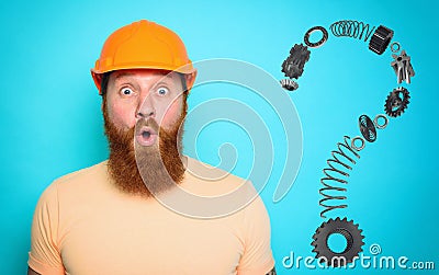 Incompetent worker is unsure about his work and has doubts. cyan background Stock Photo