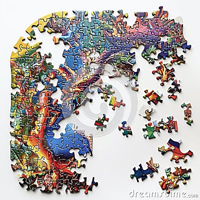 Incomplete puzzle with colorful neurographic design, some pieces connected, others loose on white background Stock Photo