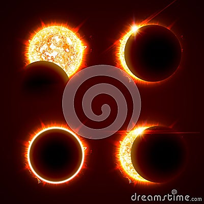 Incomplete and total solar eclipseon on a black background vector illustration set. The Sun in the Shadow of the Moon Vector Illustration