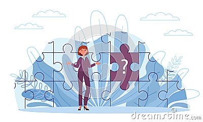 Incompleteness of picture, missing part, question sign. Woman collects puzzle, unsolved problem, find lost element to complete, Vector Illustration