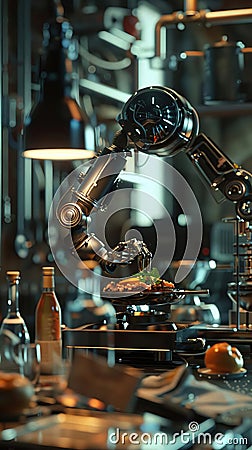 Incorporate unexpected camera angles in a 3Drendered scene of a robotic chef effortlessly creating a complex dish Stock Photo