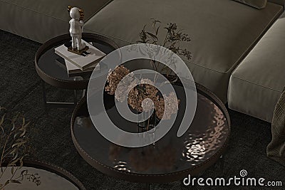 Incorporating Natural Elements Industrial Living Room Interior Design in a Loft with 3D Render Stock Photo